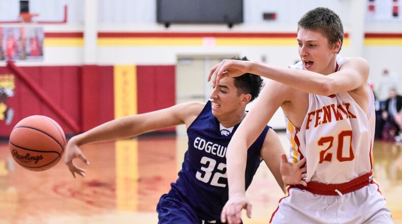 Edgewood’s Isaiah Gambrell (32) knocks the ball away from Fenwick’s A.J. Braun during a game Dec. 5, 2017, at Fenwick. The host Falcons won 59-36. NICK GRAHAM/STAFF