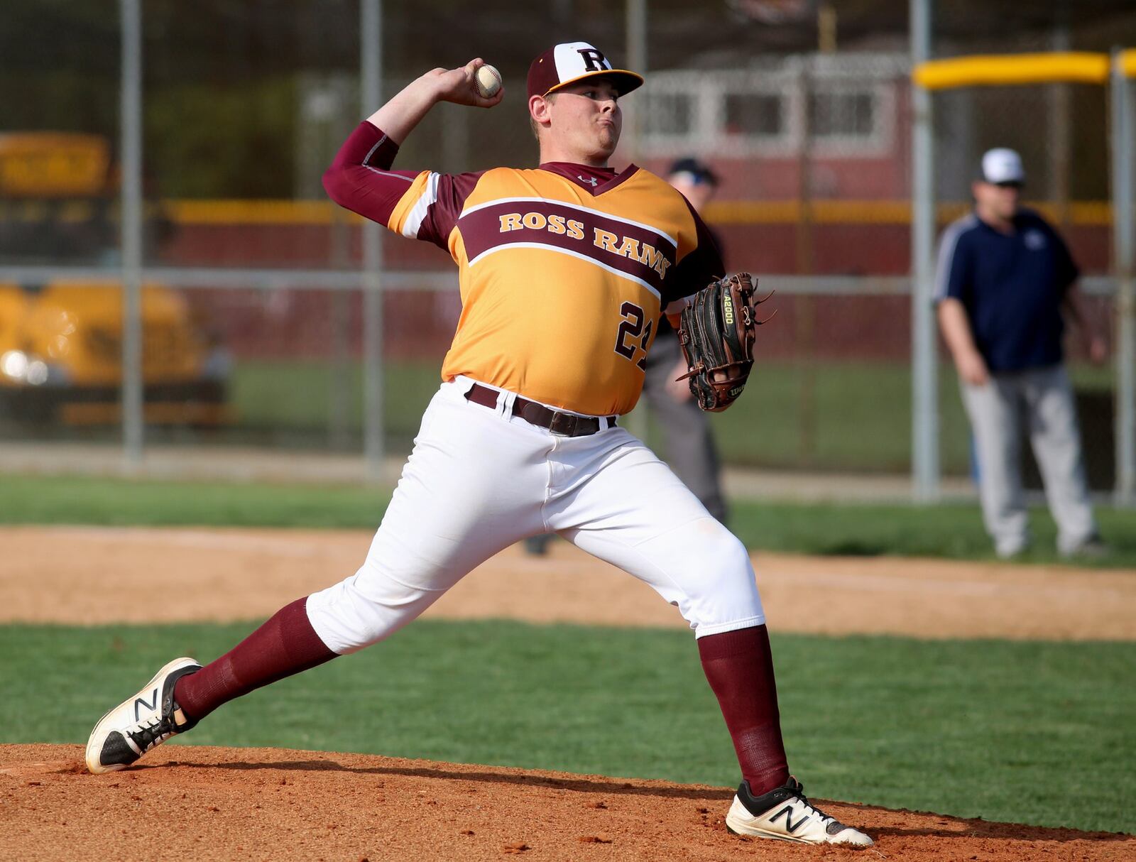 Drew Huffman of Ross delivers a pitch during Wednesday’s game against visiting Edgewood. Huffman threw a no-hitter in the Rams’ 5-0 win. CONTRIBUTED PHOTO BY E.L. HUBBARD