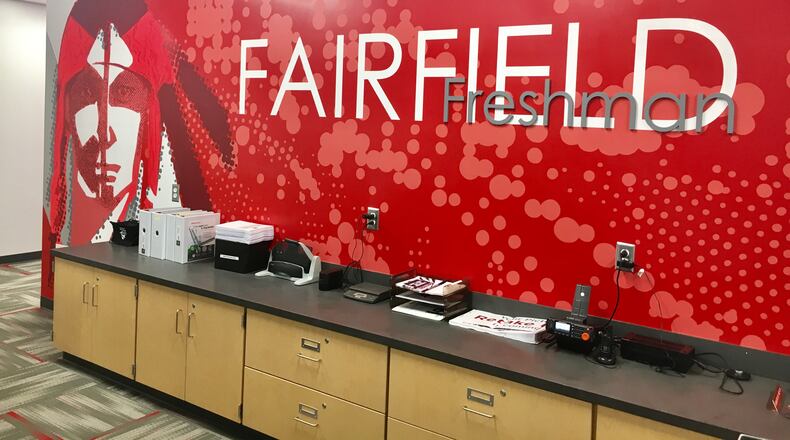 A classmate of a senior at Fairfield High School has been disciplined, say school officials, in the wake of claims by a female student that she was the target of threats after making an online post and survey asking for suggestions on other school district mascots besides the "Indians." The student, who said she is Native American, said she was shocked by the responses online. The Indian mascot image is common in Fairfield Schools. Pictured is the main office of the Fairfield Freshman School. (Photo By Michael D. Clark\Journal-News)