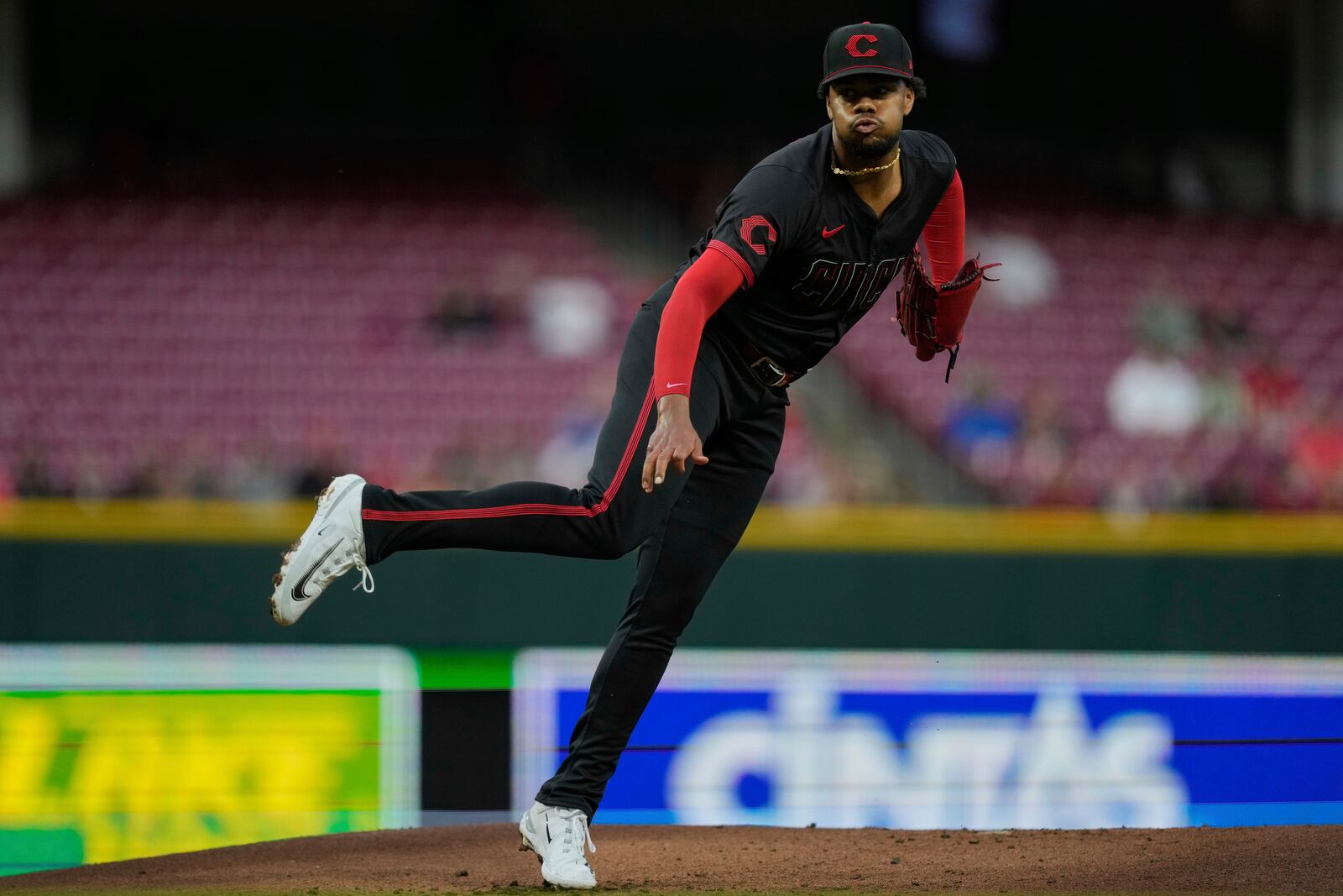 Cincinnati Reds pitcher Hunter Greene throws during the first inning of a baseball game against the Washington Nationals, Friday, May 2, 2025, in Cincinnati. (AP Photo/Carolyn Kaster)
