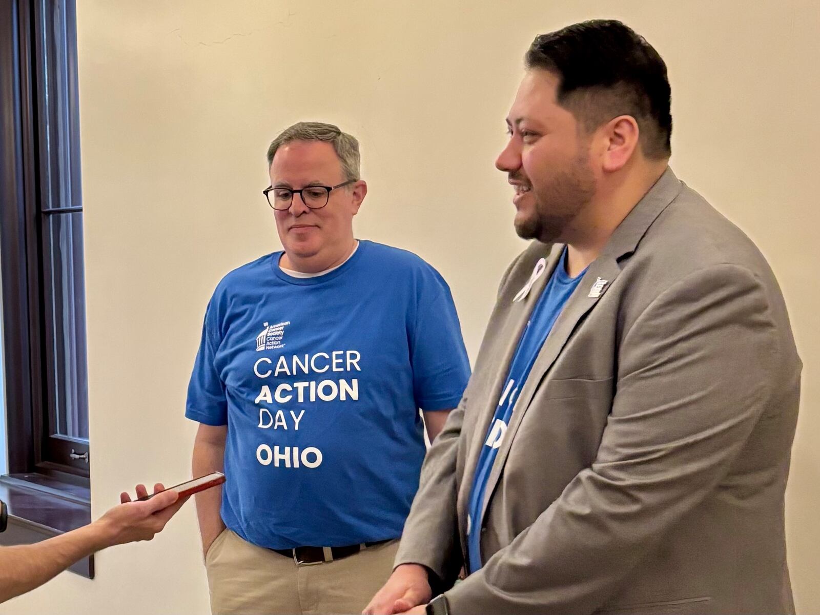 Springfield resident and prostate cancer survivor Tom Pamer, left, interviewed alongside American Cancer Society's Ohio Director of Government Relations Leo Almeida, right. April 29, 2025. PROVIDED.