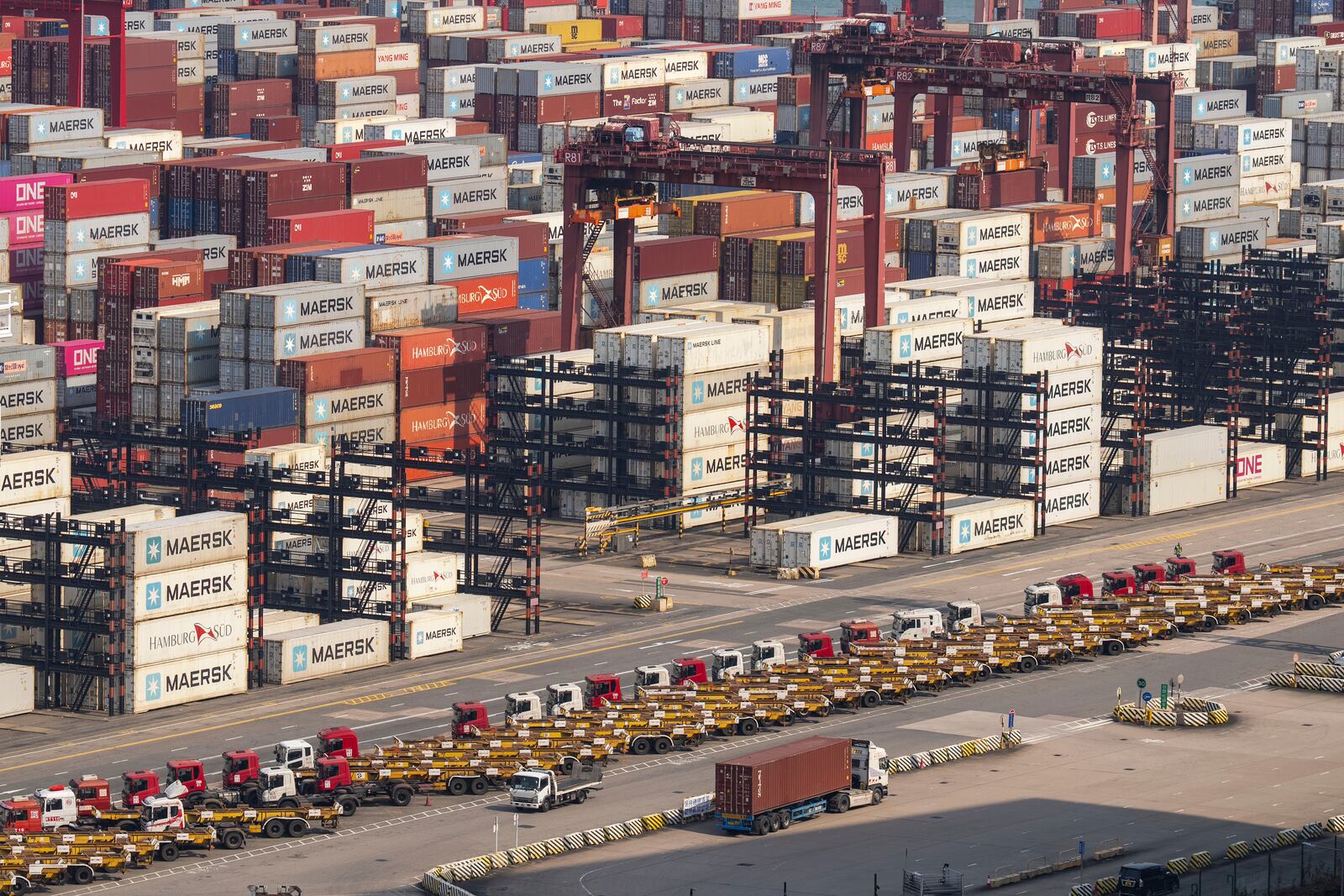 Containers pile up at Kwai Chung Container terminal in Hong Kong, Tuesday, Apr. 8, 2025. (AP Photo/Chan Long Hei)