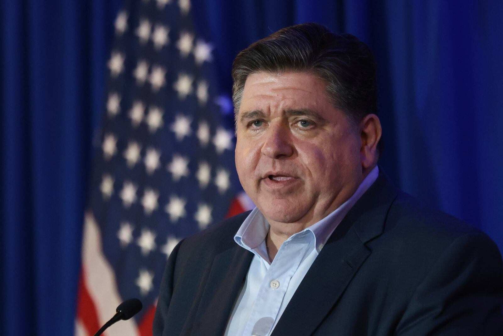 Illinois Gov. JB Pritzker speaks during the McIntyre-Shaheen 100 Club Dinner, Sunday April 27, 2025, in Manchester, N.H. (AP Photo/Reba Saldanha)