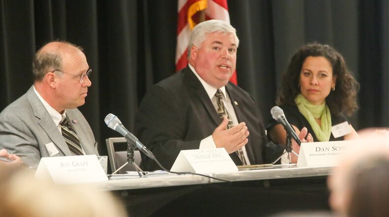 Dan Schroer, superintendent, Springboro City Schools, should be leading the district during a campaign for a substitute levy expected to be on the November ballot. Here Schroer speaks with other education and business leaders during a panel discussion on Southwest Ohio Regional Education Perspectives, sponsored by the West Chester Liberty Chamber Alliance, Friday, Apr. 28. GREG LYNCH / STAFF