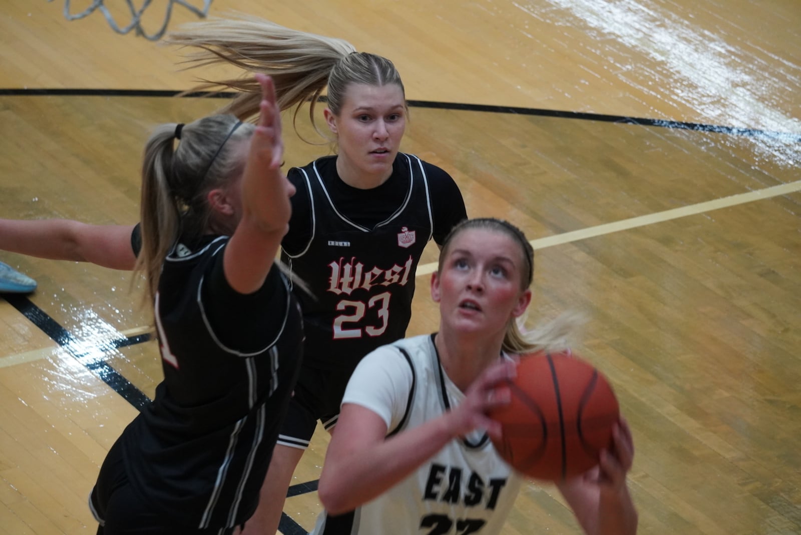 Lakota East’s Bella Sturgill goes up for a shot against Lakota East on Friday night. CHRIS VOGT / CONTRIBUTED
