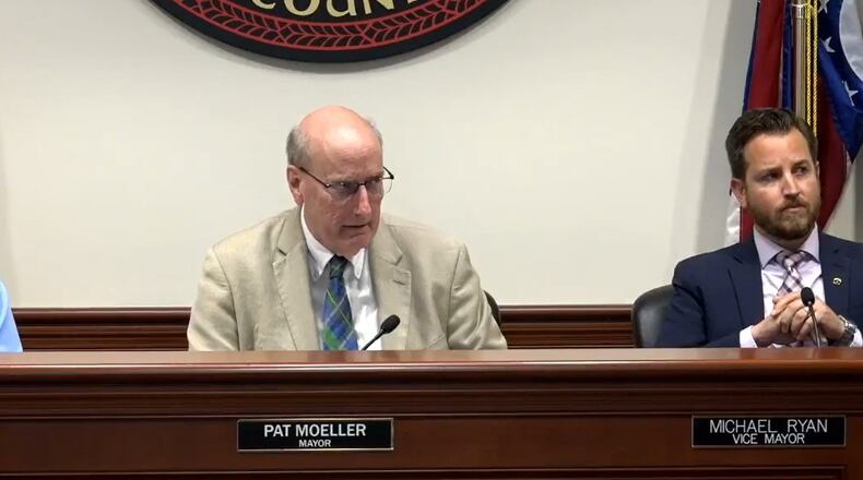 Hamilton City Council agreed with a $6,000 purchase of a magnetometer to be positioned outside council chambers for City Council and other meetings held in the room. There is also an annual recurring personnel cost of between $2,000 and $3,000. Pictured are, from left, Councilmember Carla Fiehrer, Mayor Pat Moeller and Vice Mayor Michael Ryan at the April 13, 2022, Hamitlon City Council meeting. PHOTO PROVIDED BY TVHAMILTON