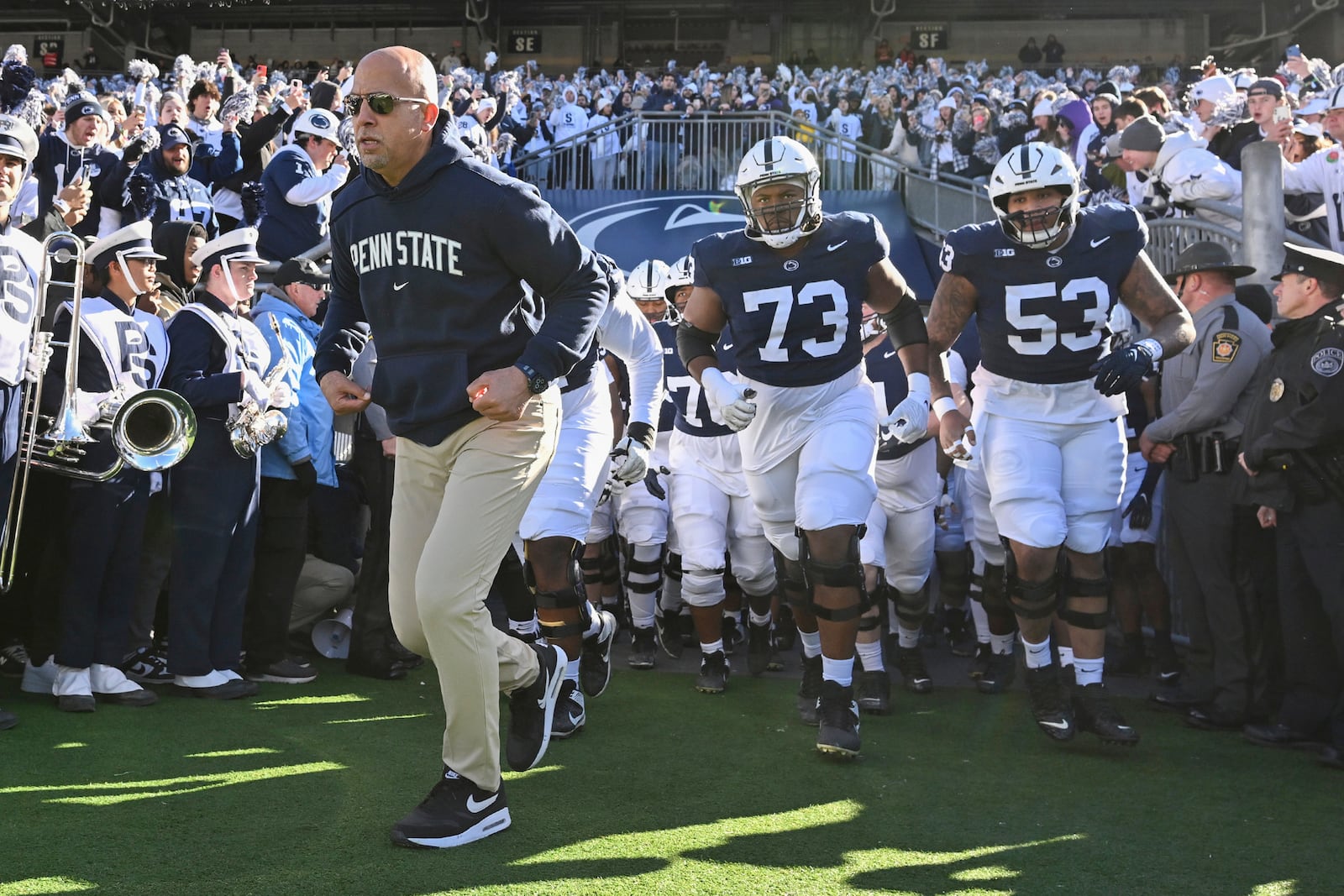 FILE - Penn State head coach James Franklin leads his team onto the field before an NCAA college football game against Rutgers, Saturday, Nov.18, 2023, in State College, Pa. (AP Photo/Barry Reeger, File)