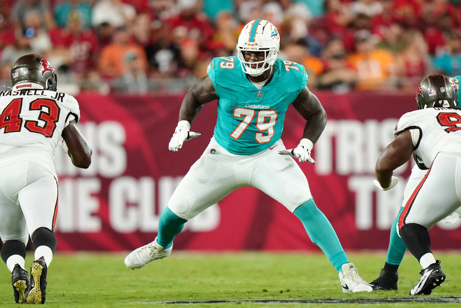 FILE - Miami Dolphins offensive tackle Bayron Matos (79) protects the passer during a preseason NFL football game against the Tampa Bay Buccaneers, Friday, Aug. 23, 2024, in Tampa, Fla. (AP Photo/Peter Joneleit, File(