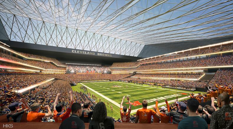 This artists rendering provided by HKS shows a proposed domed stadium for the Cleveland Browns. (HKS/Cleveland Browns via AP)