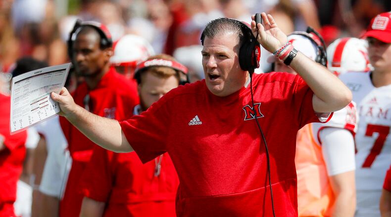 Miami head coach Chuck Martin reacts in the first half of an NCAA college football game against Cincinnati, Saturday, Sept. 14, 2019, in Cincinnati. (AP Photo/John Minchillo)