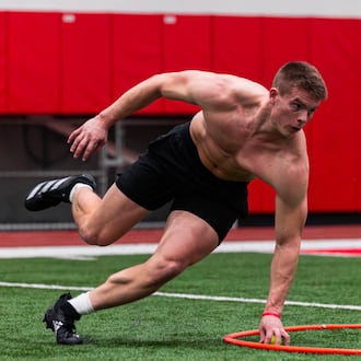 Jackson Kuwatch, a Lakota West graduate, works out during Miami University's Pro Day on Tuesday morning in Oxford. MIAMI ATHLETICS PHOTO