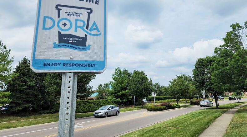 Fairfield's DORA is set to launch on Monday, July 11, 2022. The microscope-shaped district will allow several businesses -- namely Applebee’s, Berds Grill & Bar, Fairfield Pub, and Richards Pizza -- to sell alocholic beverages in authorized DORA to-go cups from noon to midnight seven days a week. The Fairfield Community Arts Center will also offer DORA beverages at select events. Om India, Flub's, and Snip Tease will allow DORA cups inside their establishments. NICK GRAHAM/STAFF