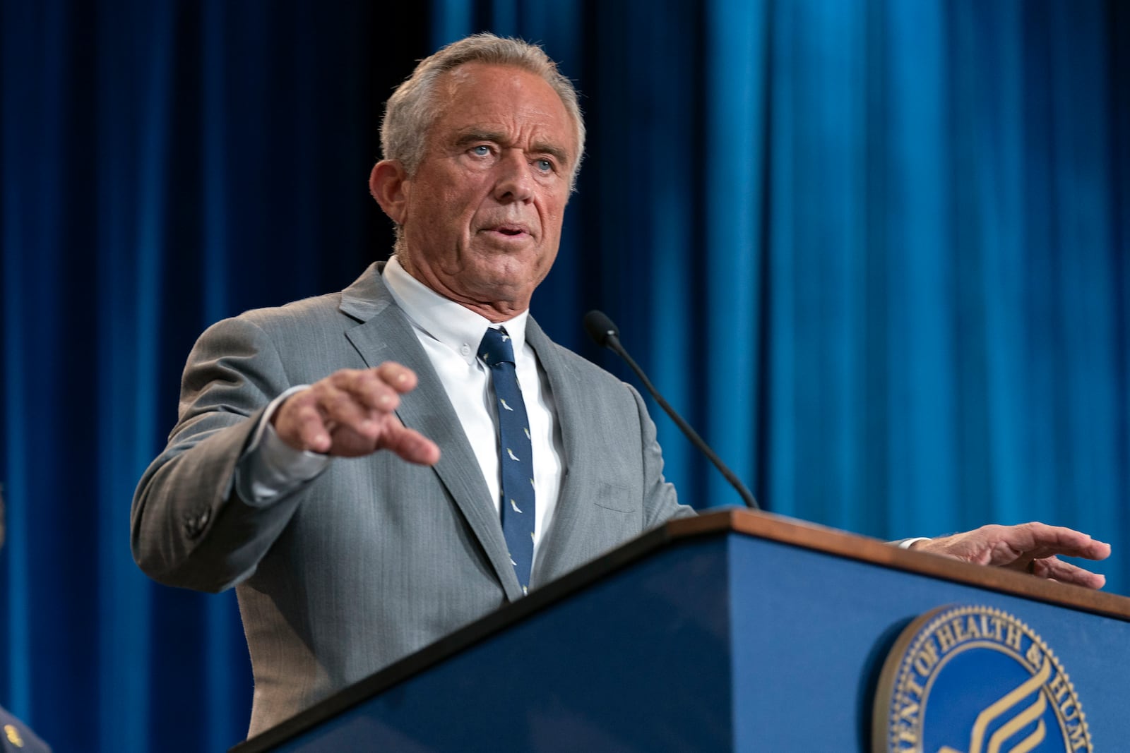Health and Human Services Secretary Robert F. Kennedy Jr. speaks during a news conference on the FDA's intent to phase out the use of petroleum-based synthetic dyes in the nation's food supply at the Hubert Humphrey Building Auditorium in Washington, Tuesday, April 22, 2025. (AP Photo/Jose Luis Magana)