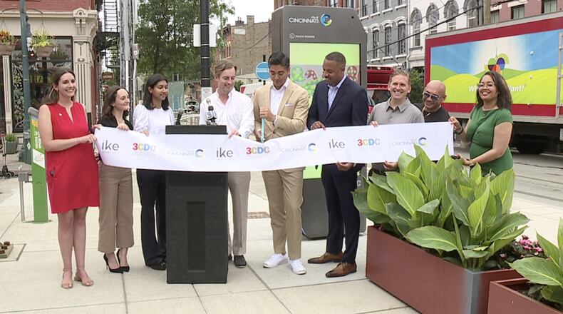 Mayor Aftab Purevail, 3CDC and IKE Smart City unveiled the addition of IKE kiosks to downtown Cincinnati on Friday at Findlay Market. PAUL WEEDEN/WCPO
