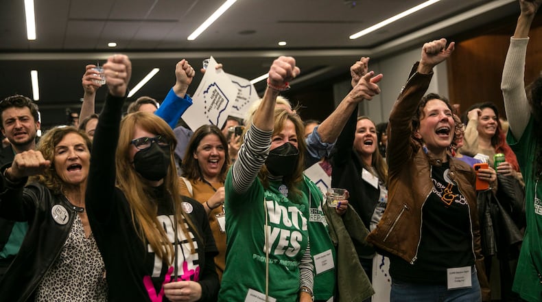 File - Supporters of Issue 1, a ballot measure enshrining a right to abortion in Ohio’s state Constitution, reacting as its passage is announced at an election watch party in Columbus, on Nov. 7, 2023. Ohio voters resoundingly approved the ballot measure..(Maddie McGarvey/The New York Times)