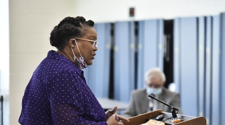 Middletown NAACP President Celeste Didlick-Davis spoke two years during a Monroe Board of Education meeting. She was concerned by the actions of two white students who reenacted the murder of George Floyd in a social media video. She told the board “we are concerned” beyond the single video incident and also “about some other implicit bias and systemic racism (and) incidents which have been brought to our attention over several years.” NICK GRAHAM / STAFF