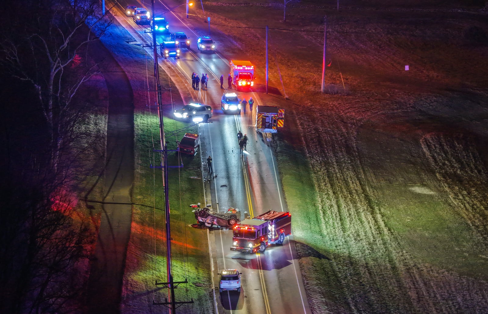 A damaged vehicle is seen on its top in a crash on Beckett Road in West Chester Twp. Tuesday, Jan. 6, 2026. NICK GRAHAM/STAFF