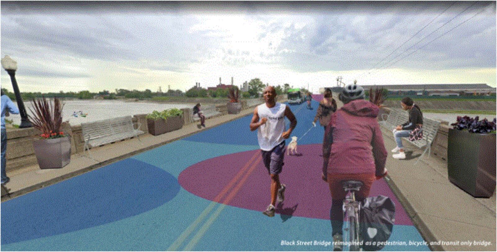 Hamilton's proposed Active Transportation Plan reimagines the Black Street Bridge, which is nearing the end of its useful life for vehicles, as a pedestrian/bicycling/transit-only span across the Great Miami River once the proposed North Hamilton Crossing bridge is built to replace it. PROVIDED