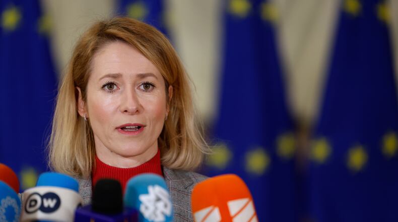 European Union foreign policy chief Kaja Kallas speaks with the media as she arrives for a meeting of EU foreign ministers at the European Council building in Brussels, Thursday, Jan. 29, 2026. (AP Photo/Geert Vanden Wijngaert)