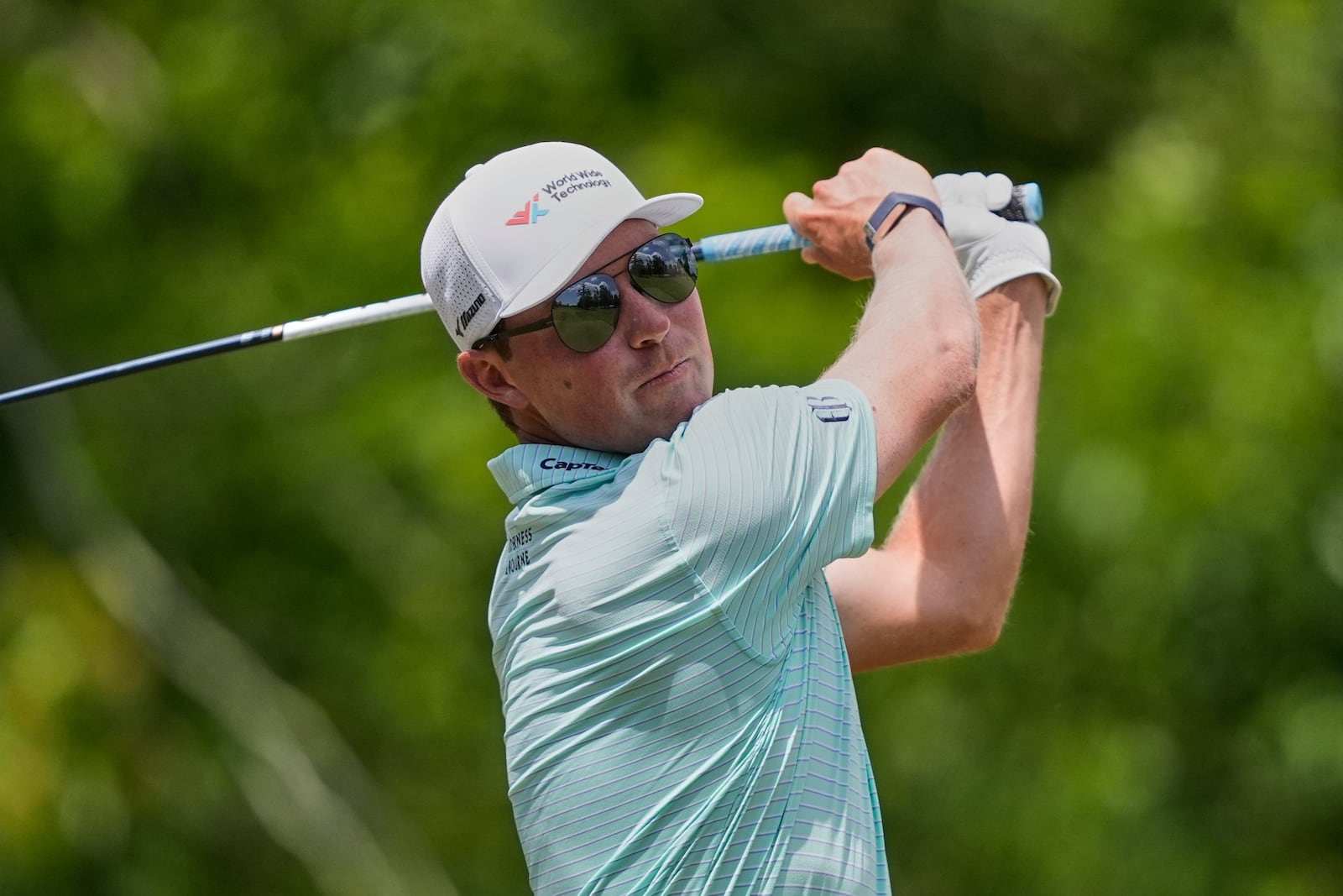 Ben Griffin hits off the 6th tee during the final round of the PGA Zurich Classic golf tournament at TPC Louisiana in Avondale, La., Sunday, April 27, 2025. (AP Photo/Gerald Herbert)