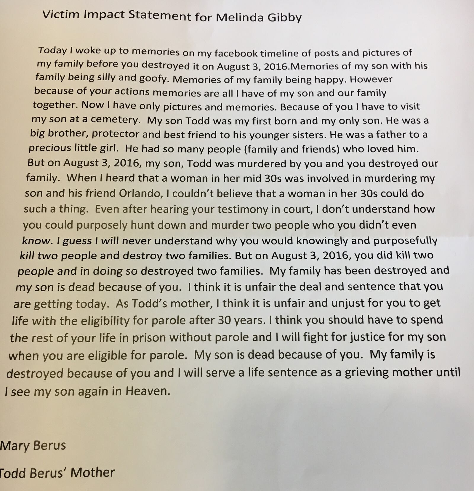 A typed statement by Mary Berus, whose son Todd was killed in the shooting.