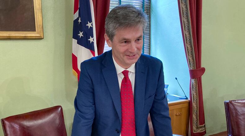 FILE - This June 8, 2021, photo shows Ohio state Sen. Matt Dolan in Columbus, Ohio. Ohio's crowded Republican Senate race has been all about one man: Donald Trump. But with less than two months until the state's May 3 primary to succeed retiring Sen. Rob Portman, some of the leading candidates have accepted that, despite their best efforts, the former president's coveted endorsement may never come. (AP Photo/Andrew Welsh-Huggins, File)