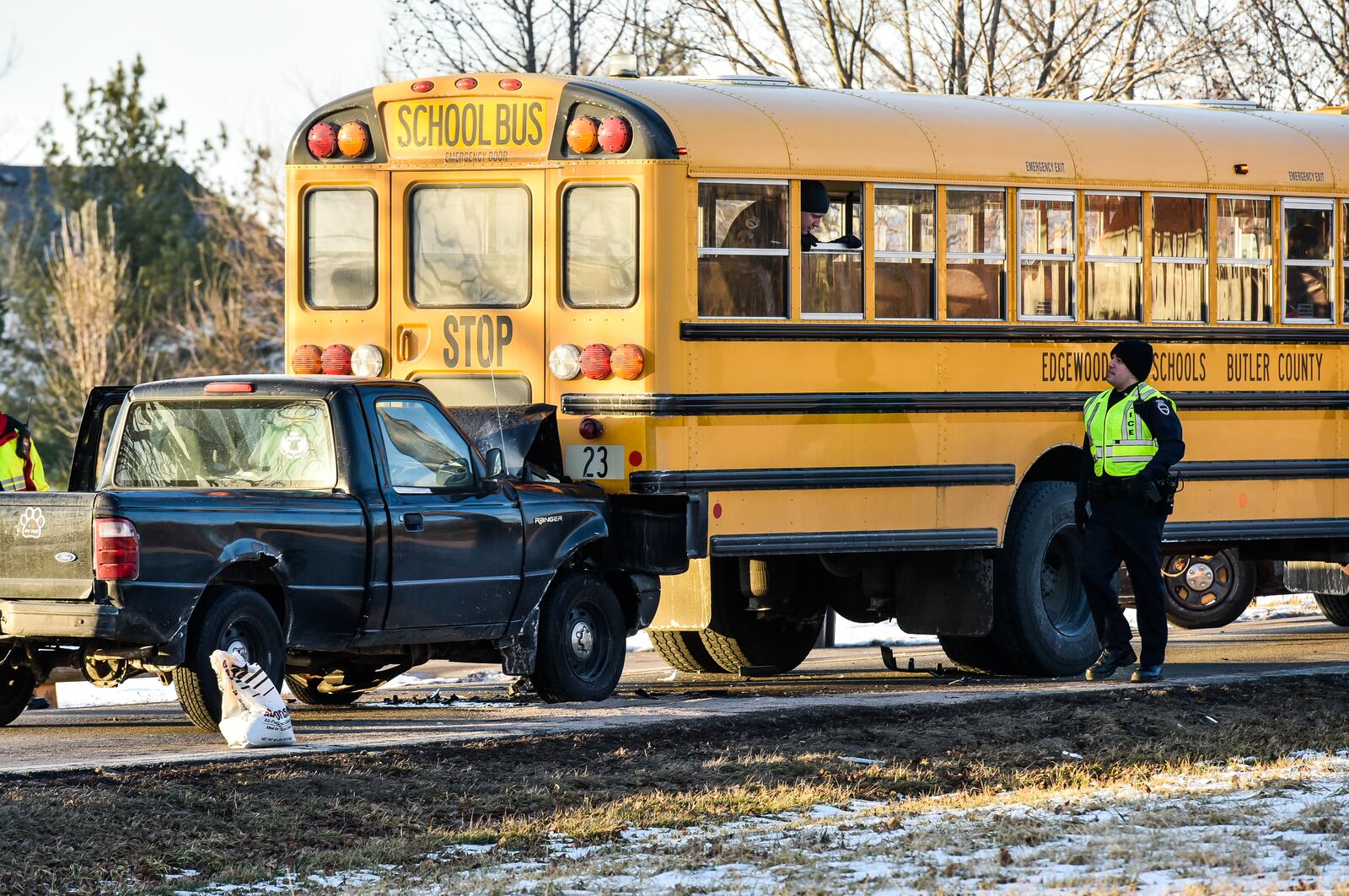 A pickup truck rear ended an Edgewood school bus Friday, Jan. 19 on Wayne Madison Road in Trenton. Several students were transported to the hospital with minor injuries and the driver of the pickup was transported to the hospital. NICK GRAHAM/STAFF