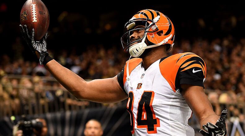 NEW ORLEANS, LA - NOVEMBER 16: Jermaine Gresham #84 of the Cincinnati Bengals celebrates his touchdown during the second half against the New Orleans Saints at Mercedes-Benz Superdome on November 16, 2014 in New Orleans, Louisiana. (Photo by Stacy Revere/Getty Images)