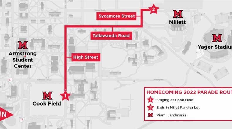 A map of the Miami University 2022 Homecoming Parade route. CONTRIBUTED/Miami University Alumni Association
