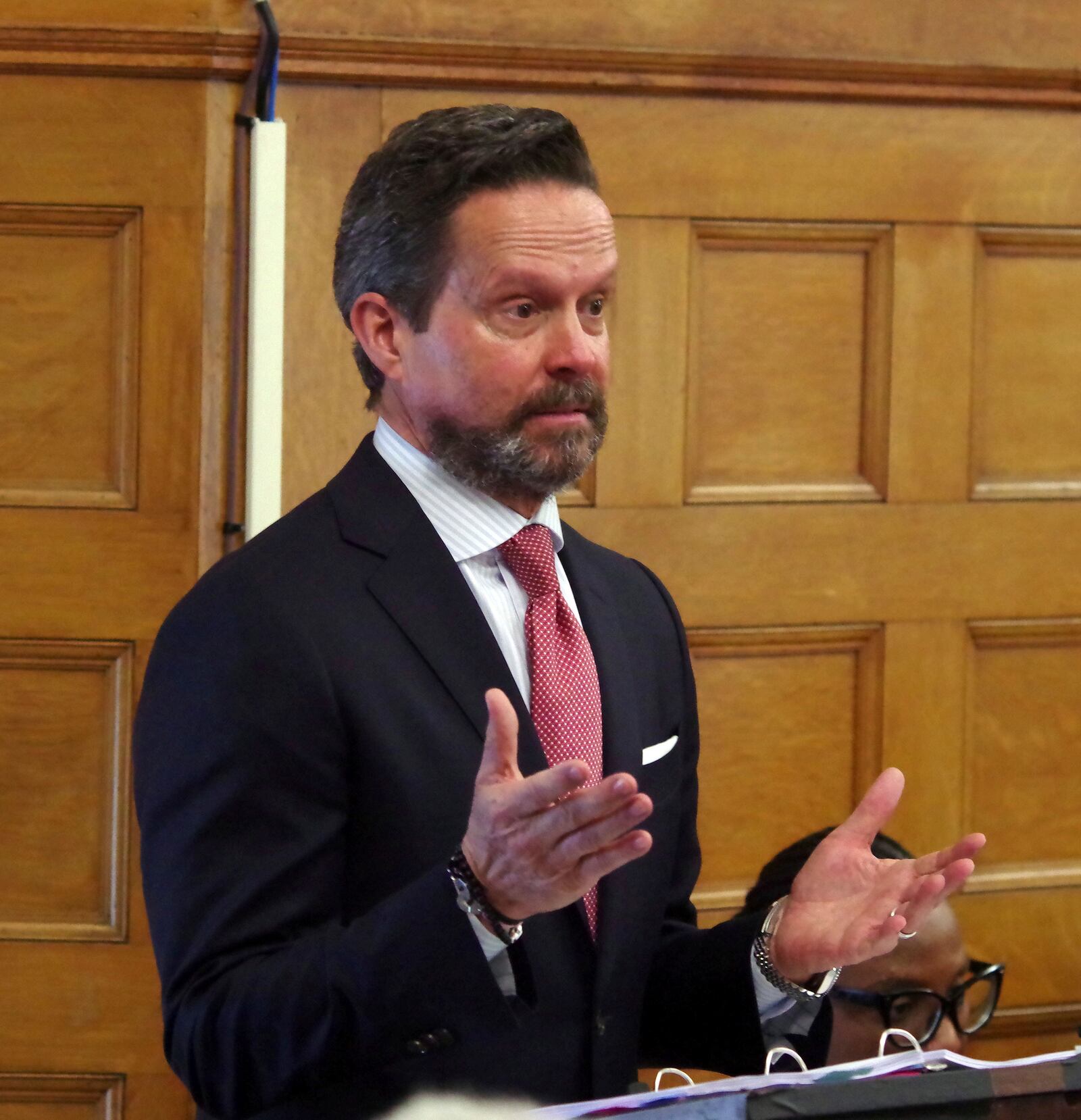 Alan Jackson, defense attorney for Karen Read, questions witness Jen McCabe during Read's trial at Norfolk Superior Court in Dedham, Mass., Friday, May 2, 2025. (Mark Jarret Chavous/The Enterprise via AP, Pool)