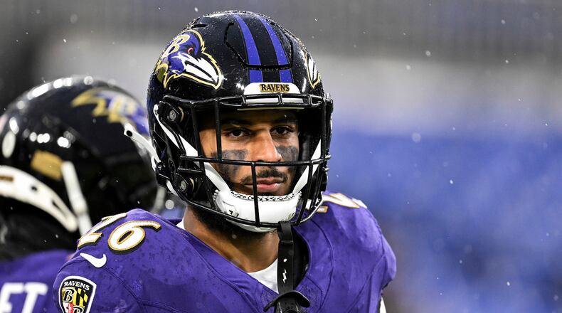 FILE - Baltimore Ravens safety Geno Stone looks on during warmups before an NFL football game against the Pittsburgh Steelers, Jan. 6, 2024, in Baltimore. Stone signed with the Bengals this offseason after four seasons with the Ravens. (AP Photo/Terrance Williams, File)