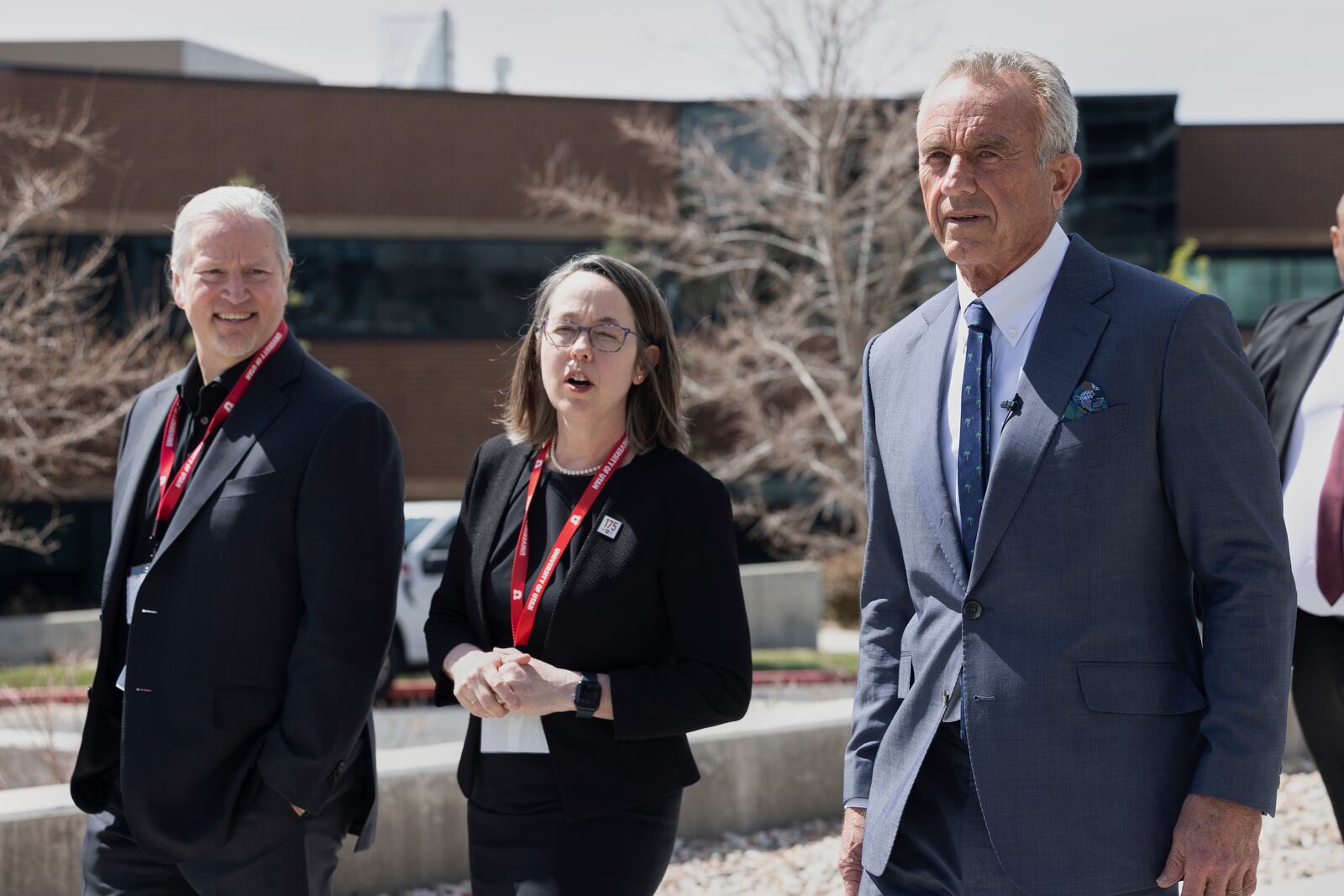 Health Secretary Robert F. Kennedy Jr., right, arrives at University of Utah to discuss Utah's new fluoride ban and food additives legislation, Monday, April 7, 2025, in Salt Lake City. (AP Photo/Melissa Majchrzak)