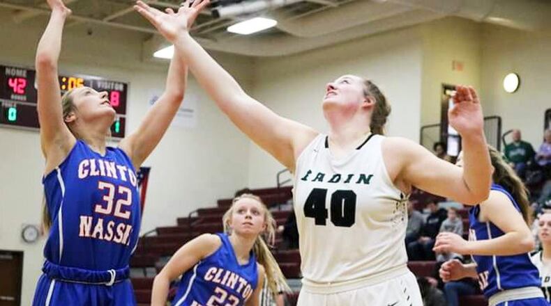 Badin’s Emma Broermann (40) and Clinton-Massie’s Patience Chowning (32) fight for a rebound during Saturday afternoon’s Division II sectional opener at Lebanon. Badin won 54-10. CONTRIBUTED PHOTO BY TERRI ADAMS