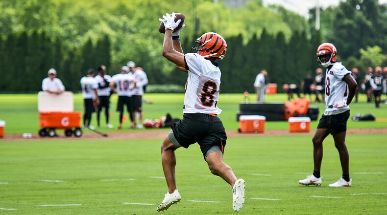 Bengals’ wide receiver Tyler Boyd catches a pass during organized team activities Tuesday, May 22 at the practice facility near Paul Brown Stadium in Cincinnati. NICK GRAHAM/STAFF
