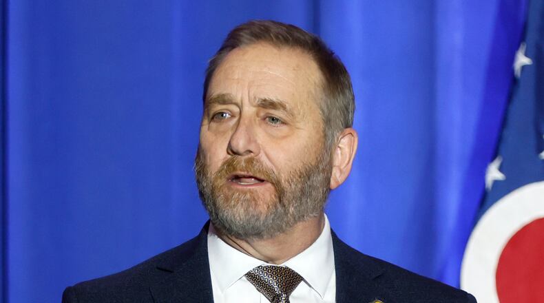 FILE - Ohio Republican Attorney General Dave Yost speaks during an election night watch party, Nov. 8, 2022, in Columbus, Ohio. A coalition of voting-rights groups is vowing to fight on after Yost issued his second rejection Thursday, Jan. 25, 2024, of petition language it has submitted for a proposed constitutional amendment. (AP Photo/Jay LaPrete, File)