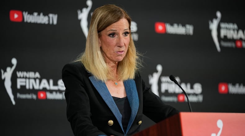 WNBA commissioner Cathy Engelbert speaks prior to Game 1 of a WNBA basketball final playoff series between the Las Vegas Aces and the Phoenix Mercury, Friday, Oct. 3, 2025, in Las Vegas. (AP Photo/John Locher)