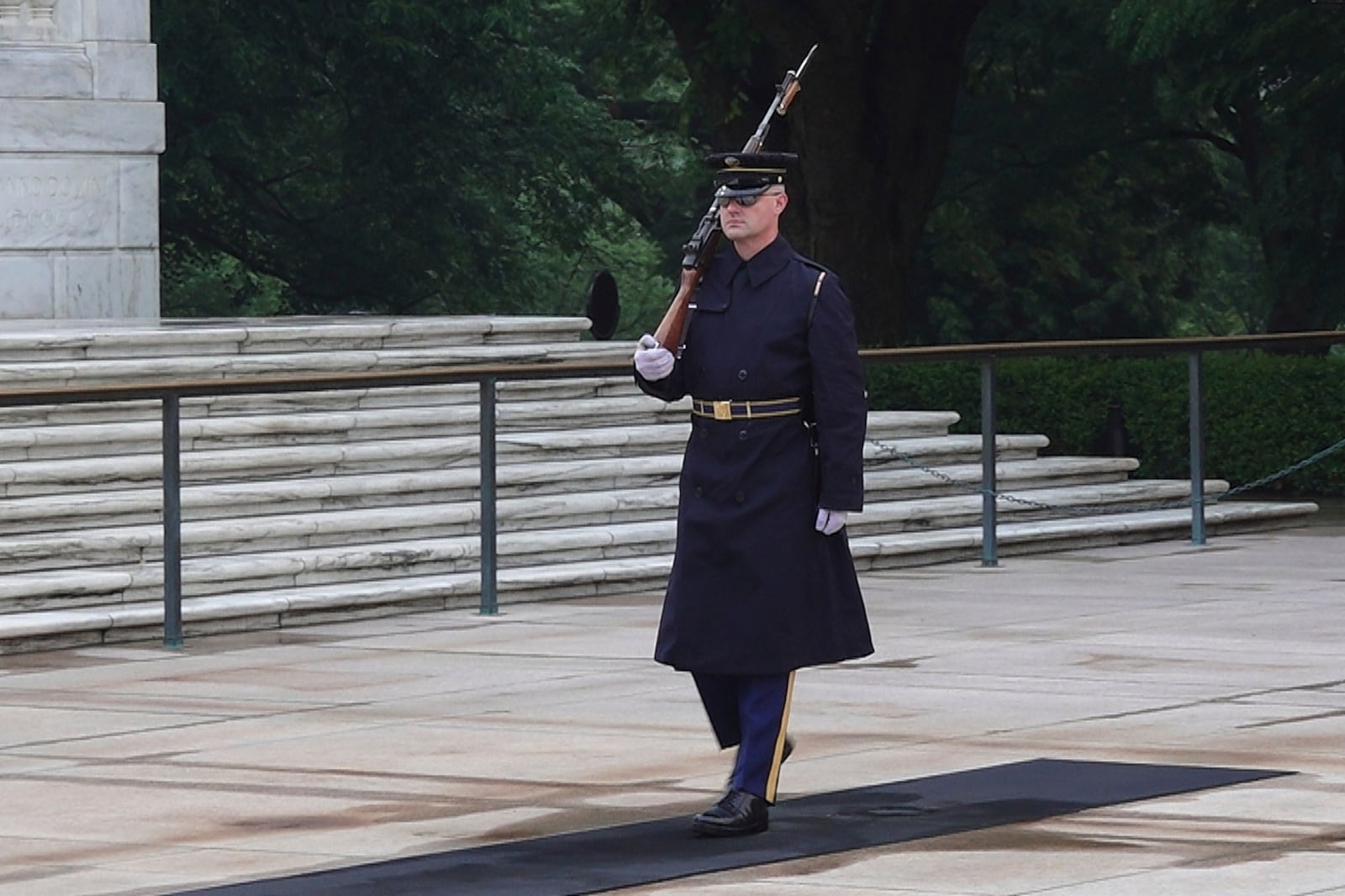 Army Sgt. 1st Class Andrew Jay patrols the Tomb of the Unknown Soldier, Thursday, May 15, 2025, at Arlington National Cemetery in Arlington, Va. (AP Photo/Mike Pesoli)
