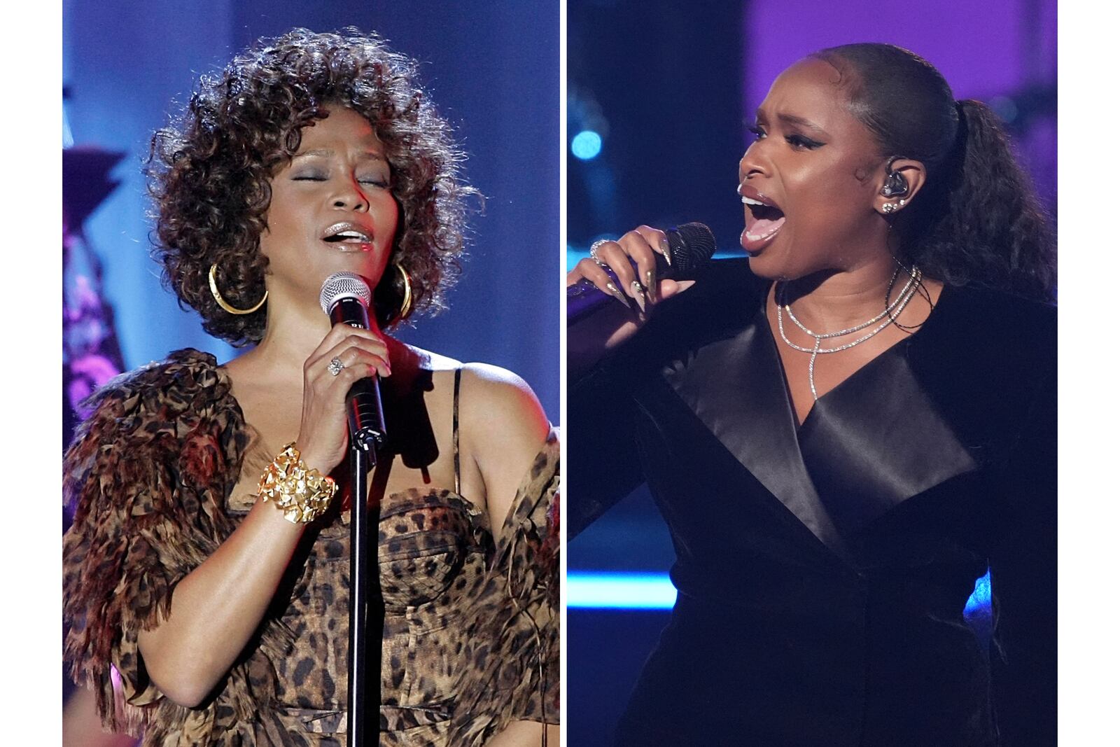 Whitney Houston performs at the Clive Davis pre-Grammy party in Beverly Hills, Calif., on Feb. 7, 2009, left, and Jennifer Hudson performs during the BET Awards in Los Angeles on June 9, 2025. (AP Photo)