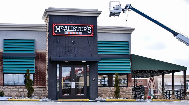 Signage is now up at McAlister’s Deli in the former Applebee’s location at Indian Springs Market Center off of Princeton Road in Fairfield Twp. NICK GRAHAM / STAFF