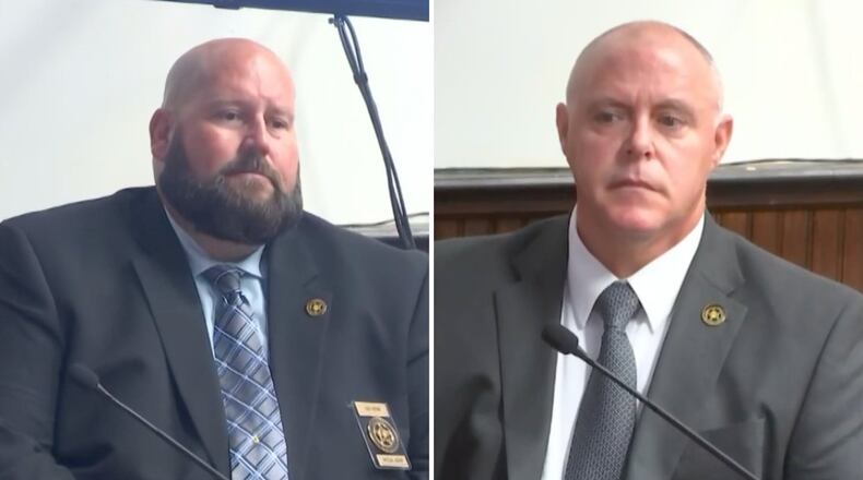 Bureau of Criminal Investigation special agents Todd Fortner, left, and Shane Hanshaw, right, took the stand Monday in the murder trial of George Wagner IV, in Pike County. CONTRIBUTED/WCPO