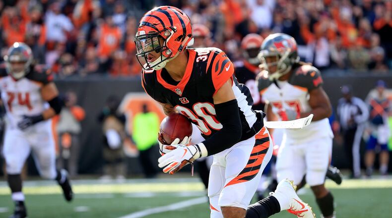 CINCINNATI, OH - OCTOBER 28: Jessie Bates #30 of the Cincinnati Bengals returns an interception for a touchdown during the third quarter of the game against the Tampa Bay Buccaneers at Paul Brown Stadium on October 28, 2018 in Cincinnati, Ohio. (Photo by Andy Lyons/Getty Images)
