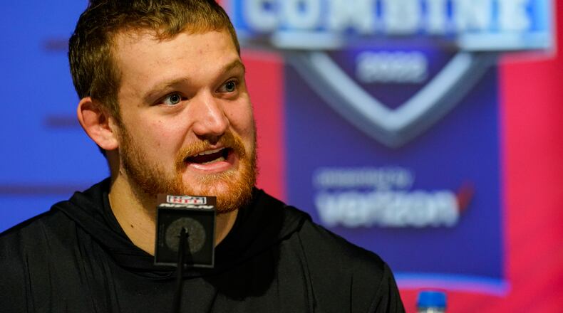 North Dakota St offensive lineman Cordell Volson speaks during a press conference at the NFL football scouting combine in Indianapolis, Thursday, March 3, 2022. (AP Photo/Michael Conroy)