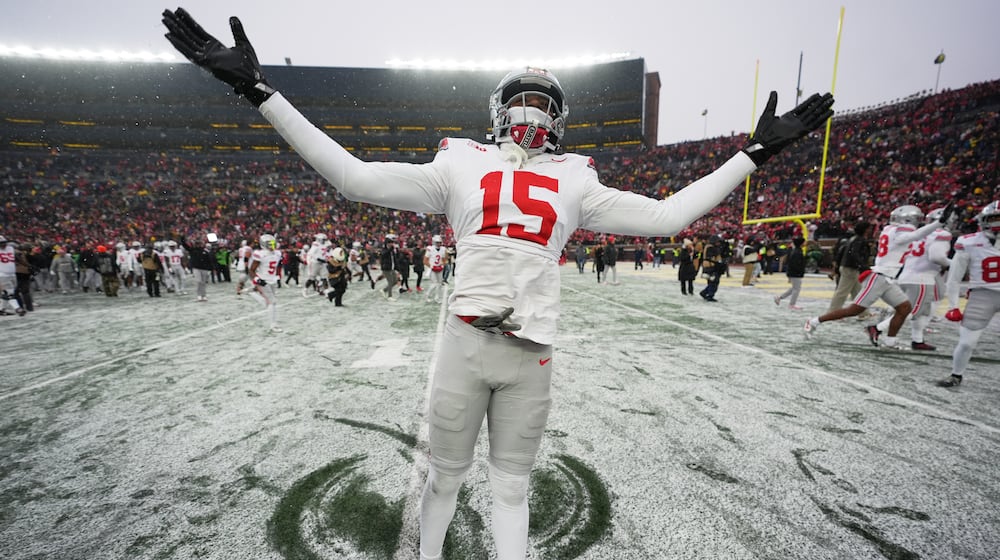 Ohio State Buckeyes defensive lineman Zion Grady celebrates after the team's win against Michigan in an NCAA college football game, Saturday, Nov. 29, 2025, in Ann Arbor, Mich. (AP Photo/Ryan Sun)