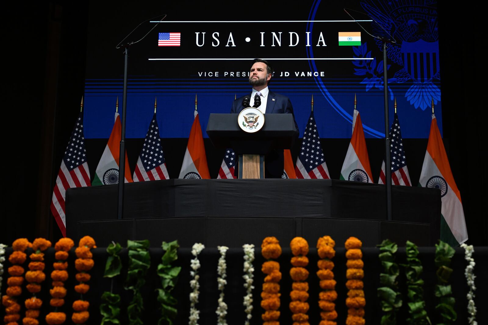 U.S. Vice President JD Vance delivers remarks at the Rajasthan International Centre in Jaipur, India, Tuesday, April 22, 2025. (Kenny Holston/The New York Times via AP, Pool)