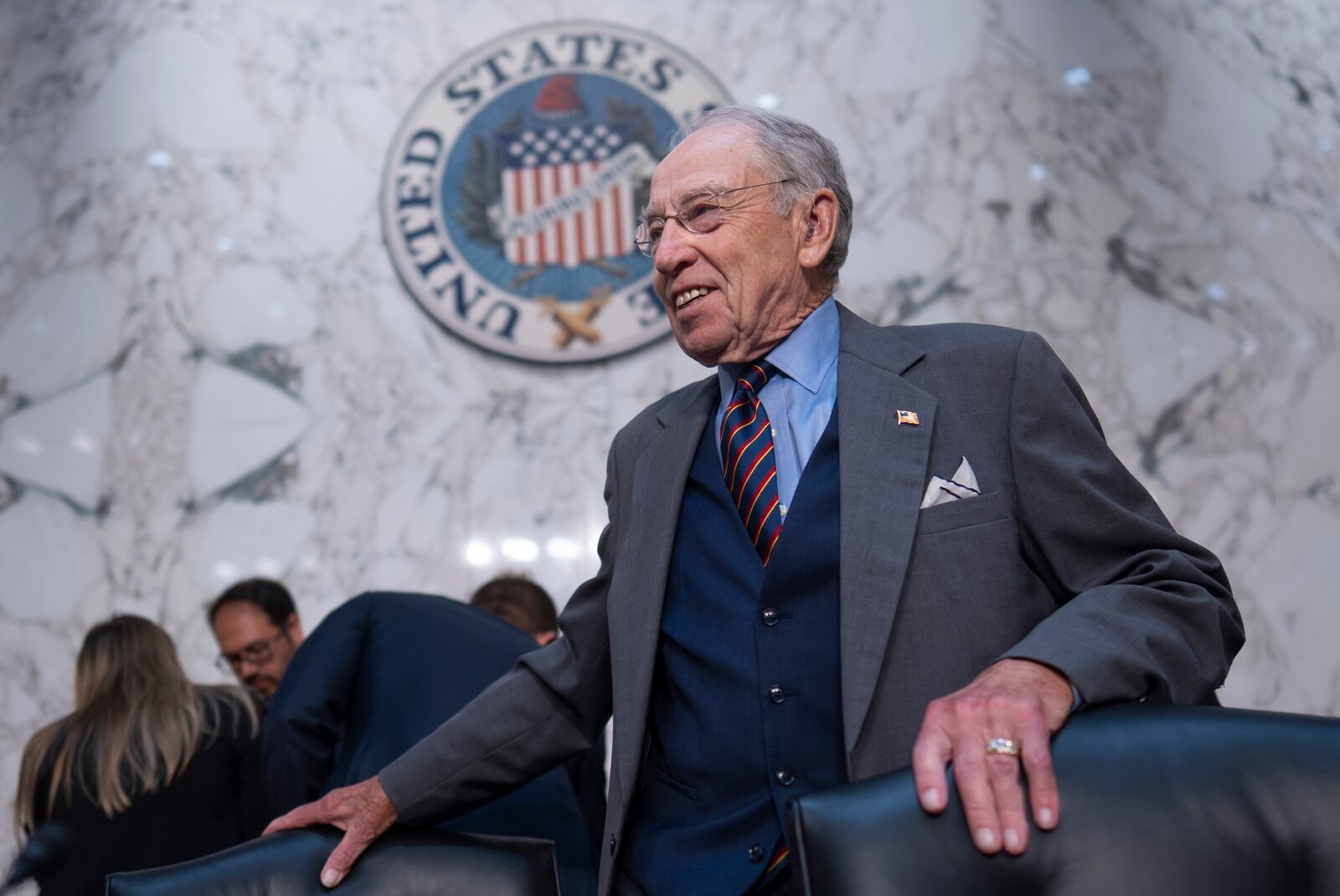 Senate Judiciary Committee Chairman Chuck Grassley, R-Iowa, arrives to advance President Donald Trump's nominees for the federal bench, including Emil Bove, Trump's former defense lawyer, at the Capitol in Washington, Thursday, July 17, 2025. (AP Photo/J. Scott Applewhite)