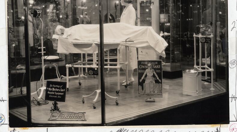 A department store window display at Rike’s in downtown Dayton in 1928 encouraged residents to give toward the construction of Good Samaritan Hospital. CONTRIBUTED