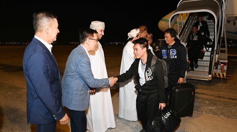 In this image released by Oman News Agency, mariners held for months by Yemen's Houthi rebels arrive in Muscat, Oman, Wednesday, Dec. 3, 2025. (Oman News Agency via AP)