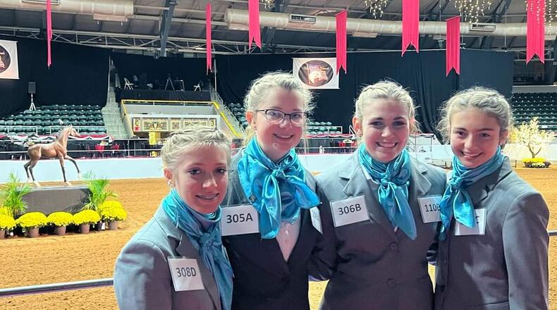 Members of the Talawanda/Butler Tech FFA chapter who took second in a national horse judging contest are, from left, sophomore Kayla Lightfield, senior Olivia Zaenkert, junior Olivia Demoret and sophomore Cecilia Guenther. CONTRIBUTED