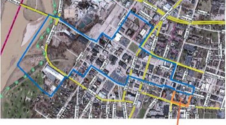 Middletown City Council Tuesday, Feb. 16, 2020, approved another five-year extension of Ohio's first Designated Outdoor Refreshment Area as well as expanding the district to include N.E.W. Ales on First Avenue. The area outlined in blue is the DORA District and the area outlined in orange is the newly expanded area. CONTRIBUTED/CITY OF MIDDLETOWN