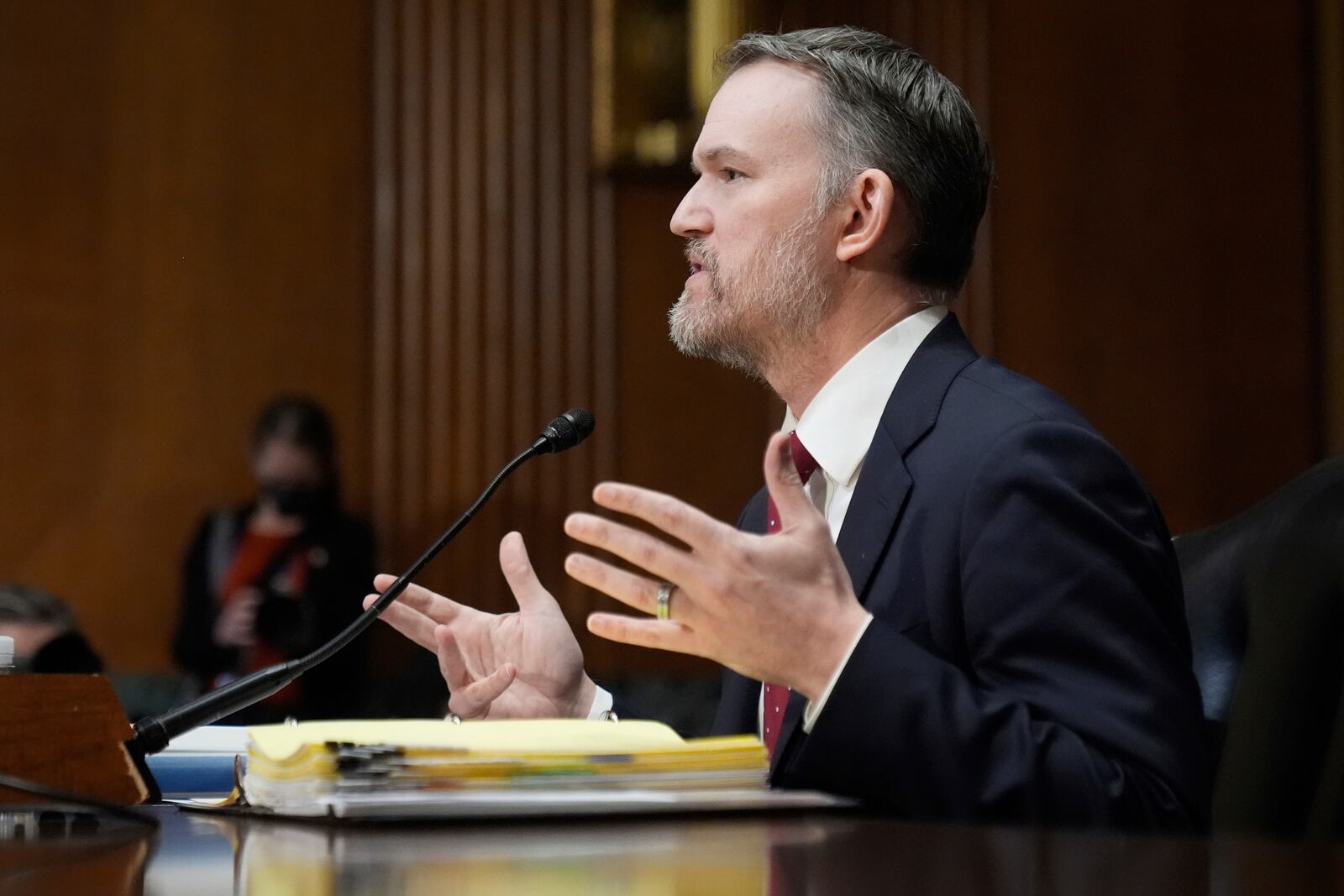 U.S. Trade Representative Jamieson Greer testifies before the Senate Finance Committee on Capitol Hill in Washington, Tuesday, April 8, 2025. (AP Photo/Mark Schiefelbein)